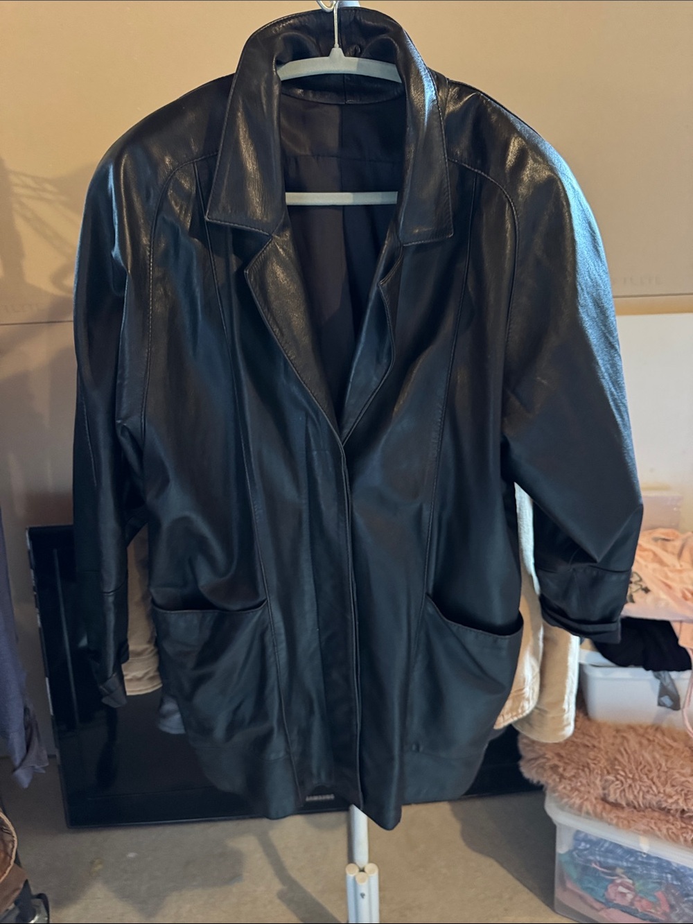 Italian Black Leather Oversized Jacket - Women's Classic Coat